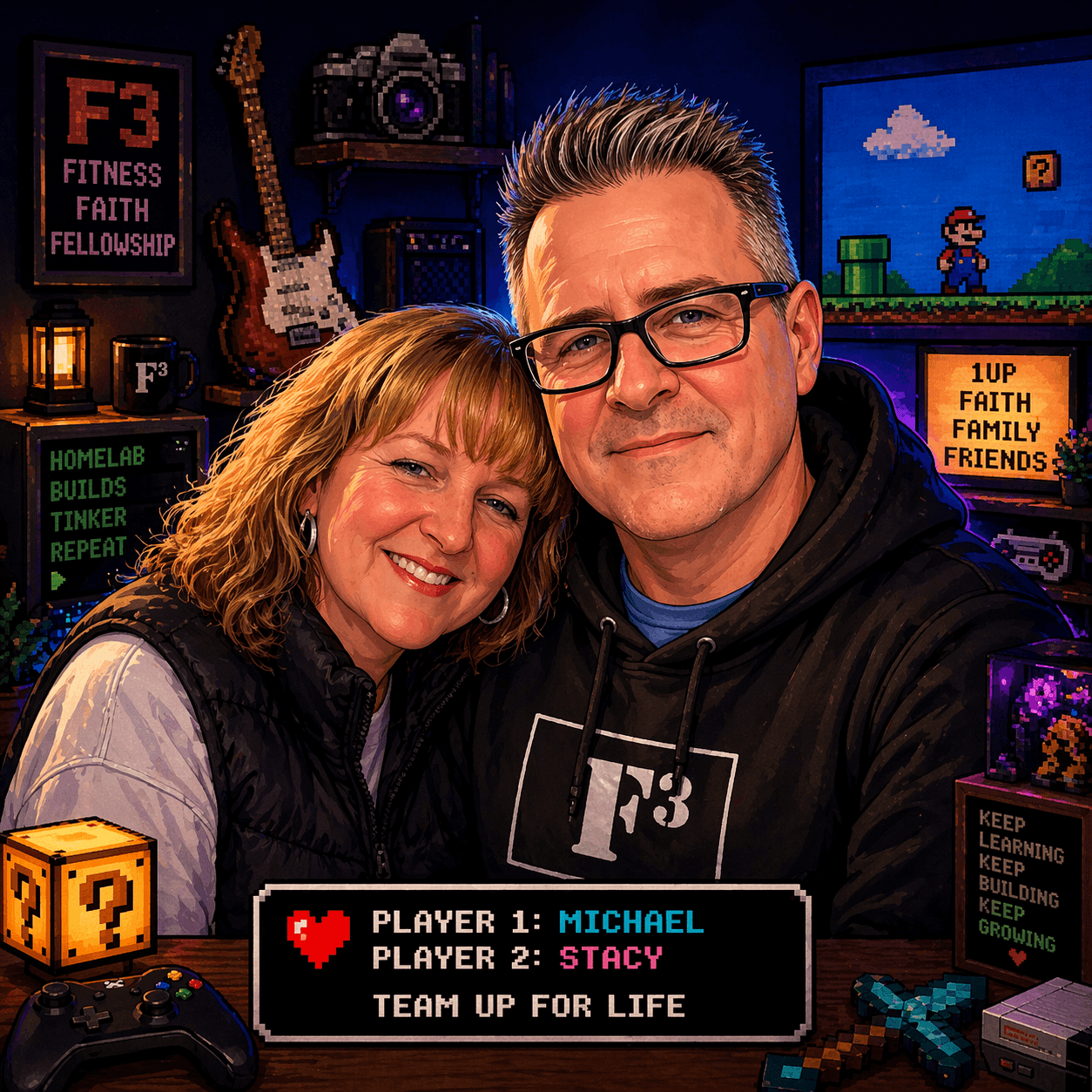 Stylized portrait of Michael D Potter and Stacy in a game-inspired room